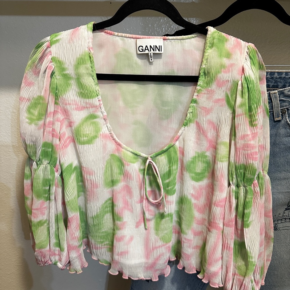 Ganni Floral Puff Sleeve Blouse - Pink and Green